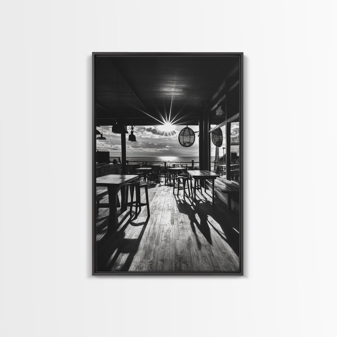Ocean, Deck, Sunset, Rays - Golden hour beach bar shadows, Canvas Print, perfect dining room or kitchen wall art, rustic coastal decor