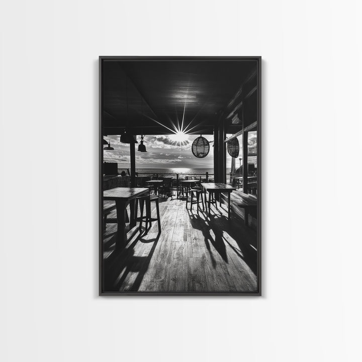 Ocean, Deck, Sunset, Rays - Golden hour beach bar shadows, Canvas Print, perfect dining room or kitchen wall art, rustic coastal decor