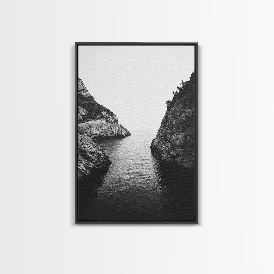 Cliffs, Ocean, Channel, Serenity - Dramatic rocky inlet view, Framed Canvas Print, ideal bathroom or hallway wall art, nature lover minimalist