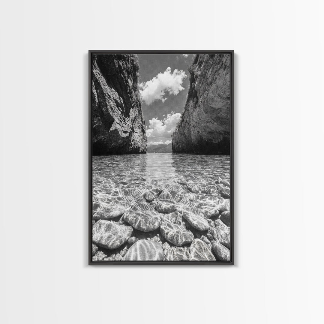 Clear Waterscape, Rocky Shoreline, Tropical Escape, Nature Photography, Framed Canvas Print, Beach House Coastal Wall Art