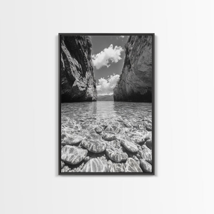 Clear Waterscape, Rocky Shoreline, Tropical Escape, Nature Photography, Framed Canvas Print, Beach House Coastal Wall Art