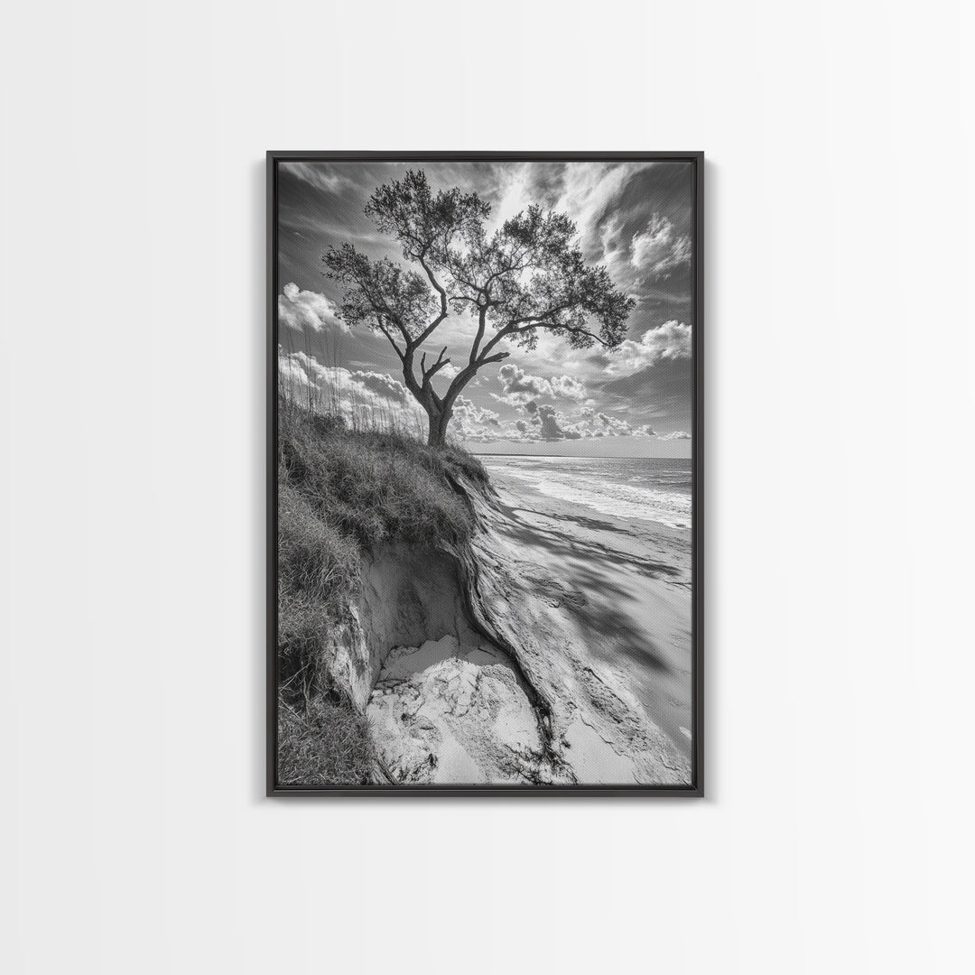 Coastal Tree Scene, Wind Swept Dune, Ocean Beach Horizon, Autumn Coastal Wall Art, Framed Canvas Print, Nature Lover Home Decor