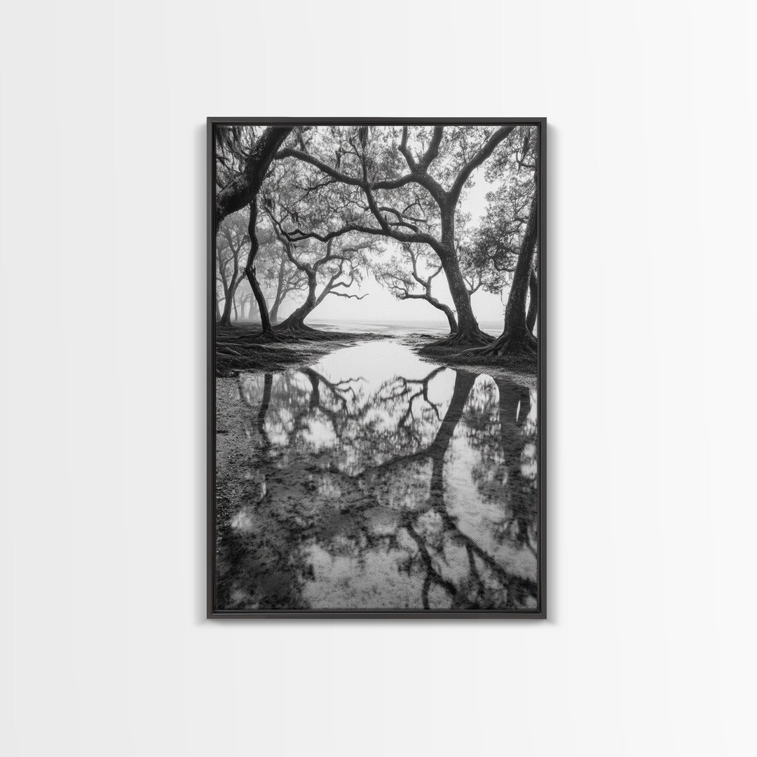 Misty Forest Trees, Reflection Photography, Nature Landscape, Canvas Print, Neutral Tones, Bedroom Wall Decor, Moody Autumn Forest Art