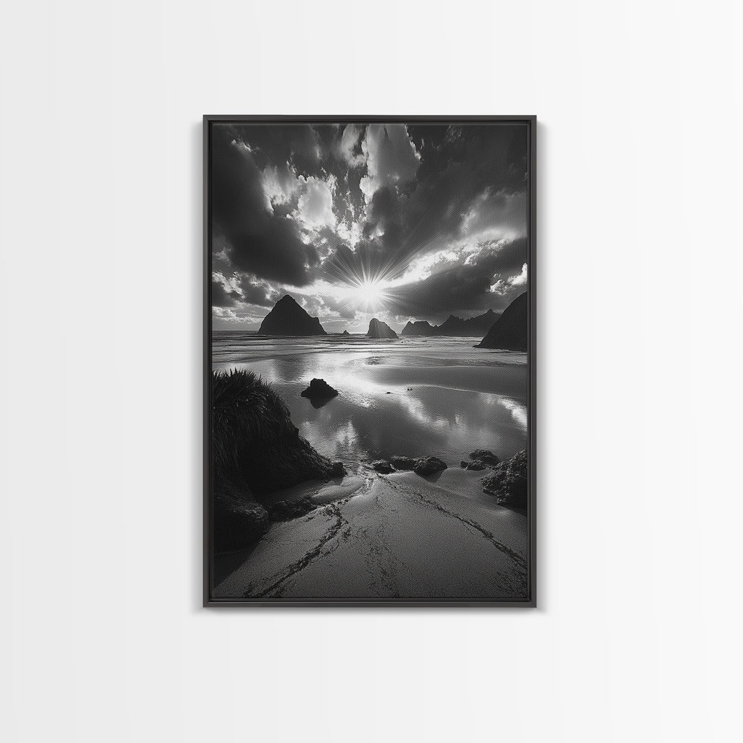 Dramatic Ocean Sunset, Coastal Mountains, Seascape Photography, Canvas Print, Stormy Sky Art, Living Room Focal Wall Decor