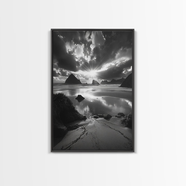 Dramatic Ocean Sunset, Coastal Mountains, Seascape Photography, Canvas Print, Stormy Sky Art, Living Room Focal Wall Decor