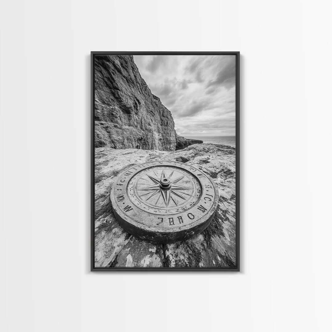 Compass On Cliff, Adventure Travel Art, Nautical Wall Decor, Framed Canvas Print, Rustic Office Art, Nature Explorer Gift Idea