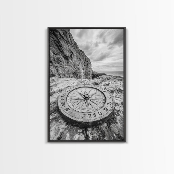 Compass On Cliff, Adventure Travel Art, Nautical Wall Decor, Framed Canvas Print, Rustic Office Art, Nature Explorer Gift Idea
