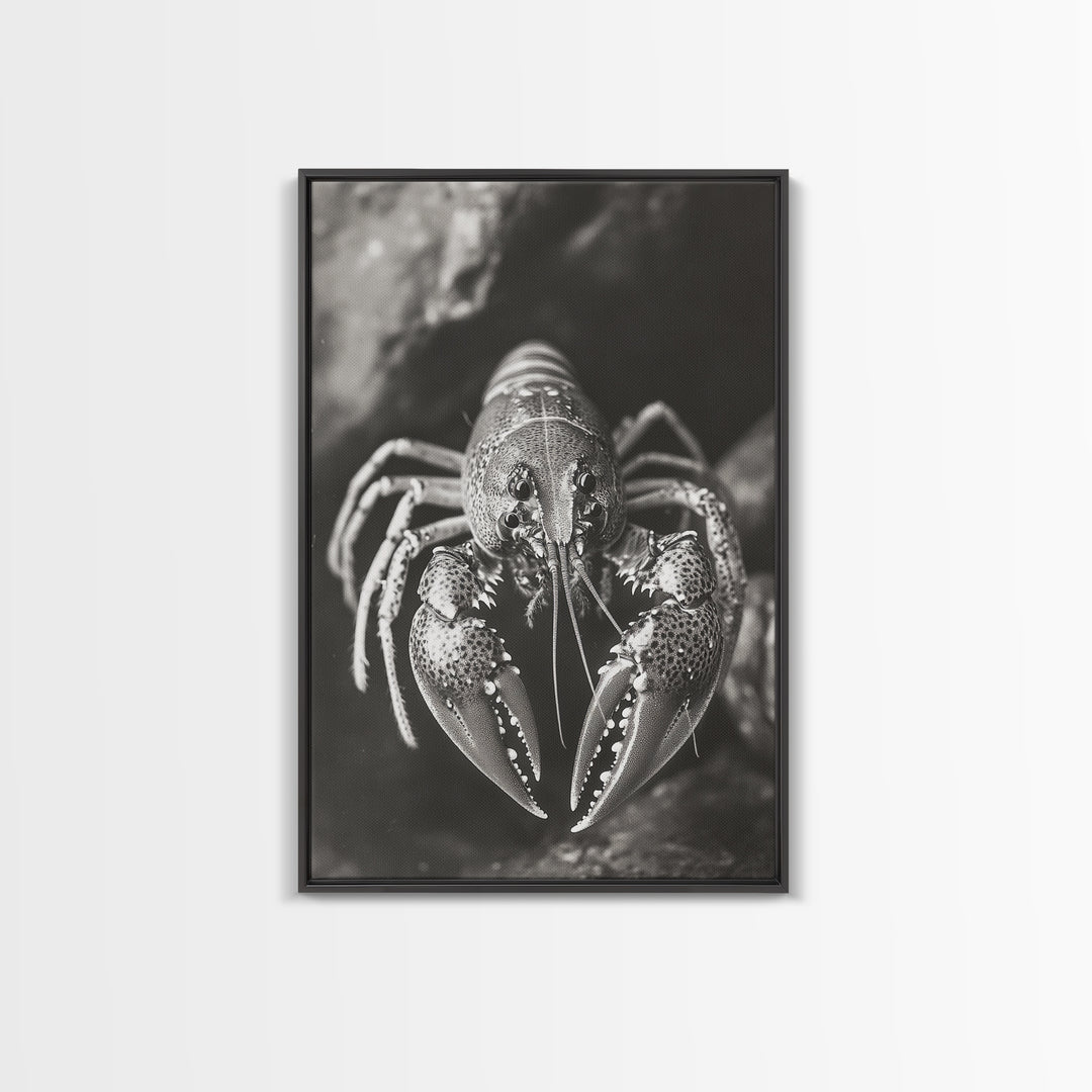 Lobster Close Up, Marine Life Art, Coastal Kitchen Decor, Monochrome Sea Animal, Framed Canvas Print, Ocean Wall Art, Nautical Print