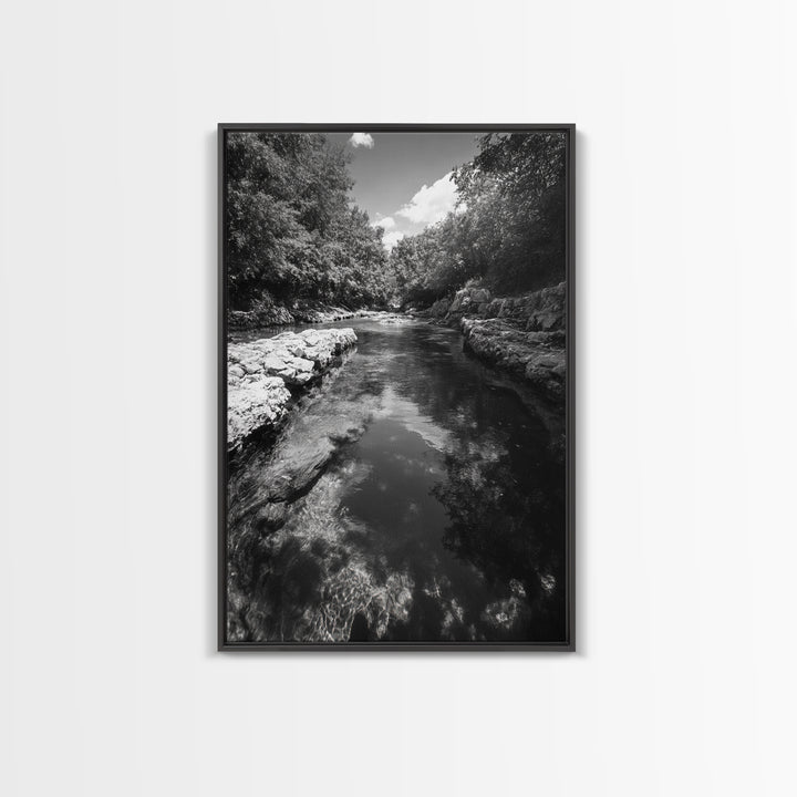River Reflection, Nature Calm, Forest Stream, Canvas Print, Black and White Landscape Wall Art, Rustic Bathroom Decor, Tranquil Home Vibe