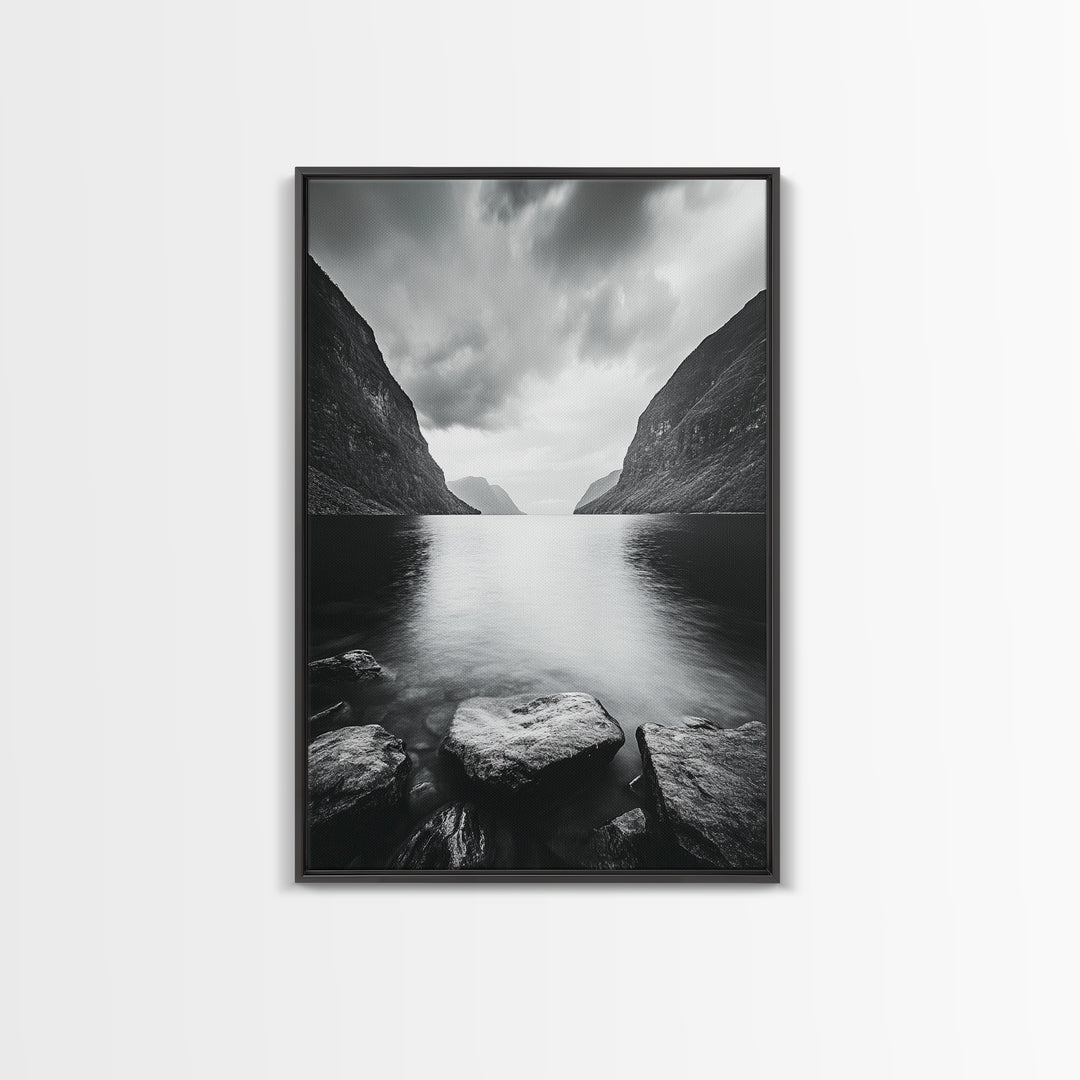 Mountain Lake, Nordic Fjord, Moody Water, Framed Canvas Print, Minimalist Wall Art, Serene Living Room Decor, Monochrome Nature Scene