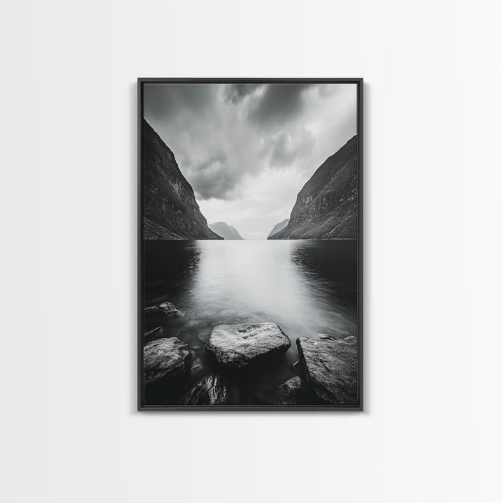 Mountain Lake, Nordic Fjord, Moody Water, Framed Canvas Print, Minimalist Wall Art, Serene Living Room Decor, Monochrome Nature Scene