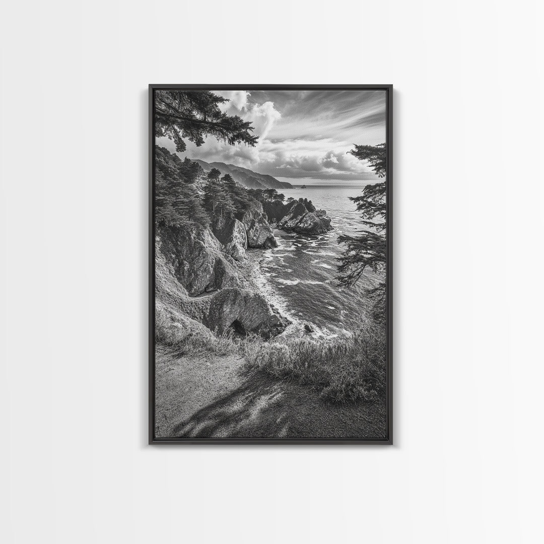 Coastal Cliff, Ocean View, Rocky Shoreline, Framed Canvas Print, Black and White Art, Coastal Living Wall Decor, Nature Landscape Art