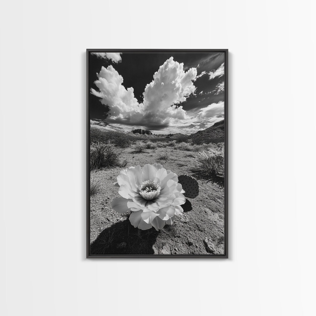 Desert Bloom, Cactus Flower, Bold Nature, Framed Canvas Print, Boho Wall Art, Southwestern Home Decor, Dramatic Desert Photography