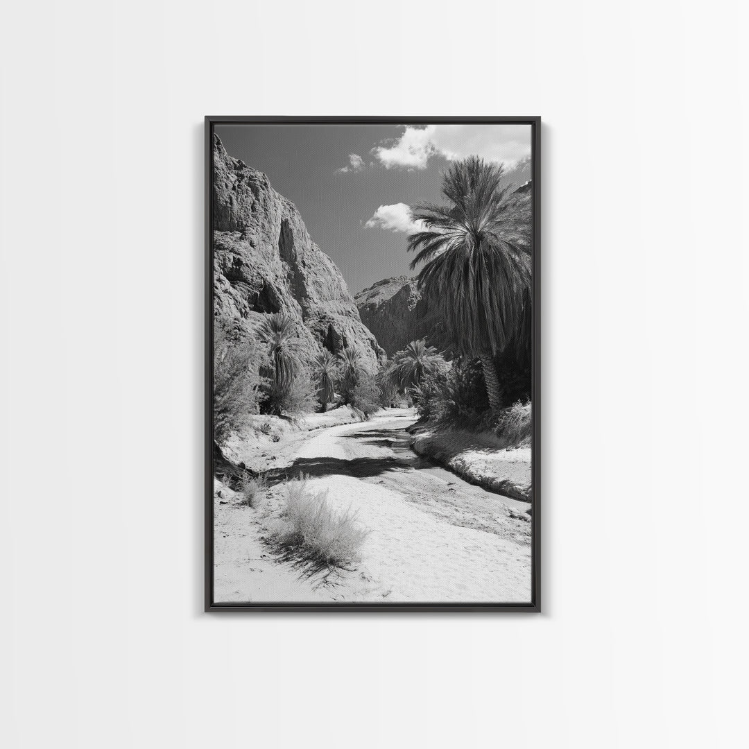 Desert Oasis, Palm Trees, Canyon Trail, Framed Canvas Print, Nature Photography Art, Warm Boho Wall Decor, Rustic Entryway Accent