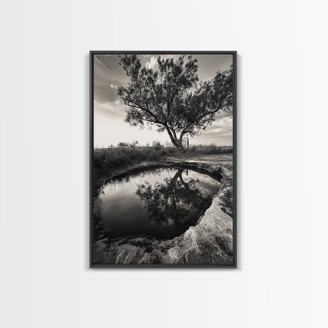 Tree Reflection, Still Water, Peaceful Nature, Framed Canvas Print, Tranquil Wall Art, Rustic Bedroom Decor, Black and White Photography