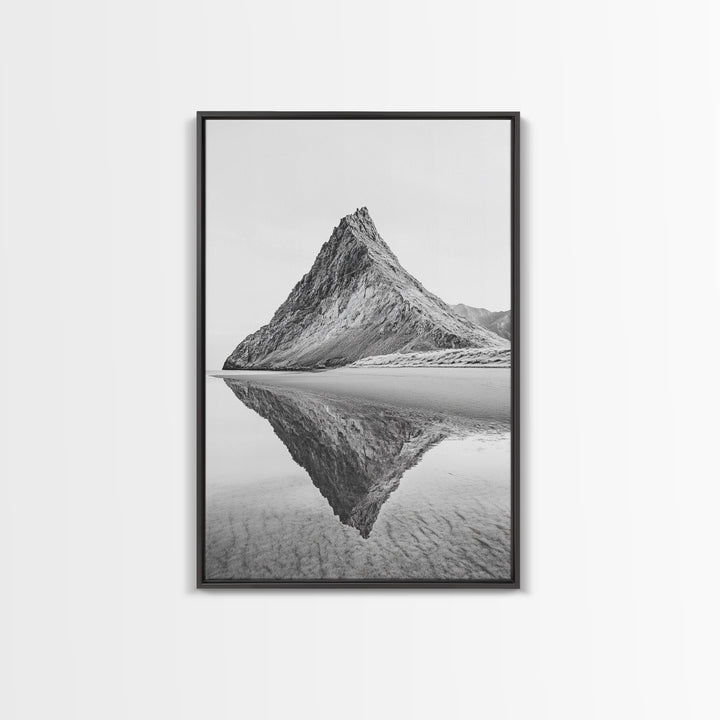 Mountain Mirror, Coastal Peak, Serene Beach, Canvas Print, Minimalist Landscape Art, Modern Living Room Wall Decor, Monochrome Nature Style