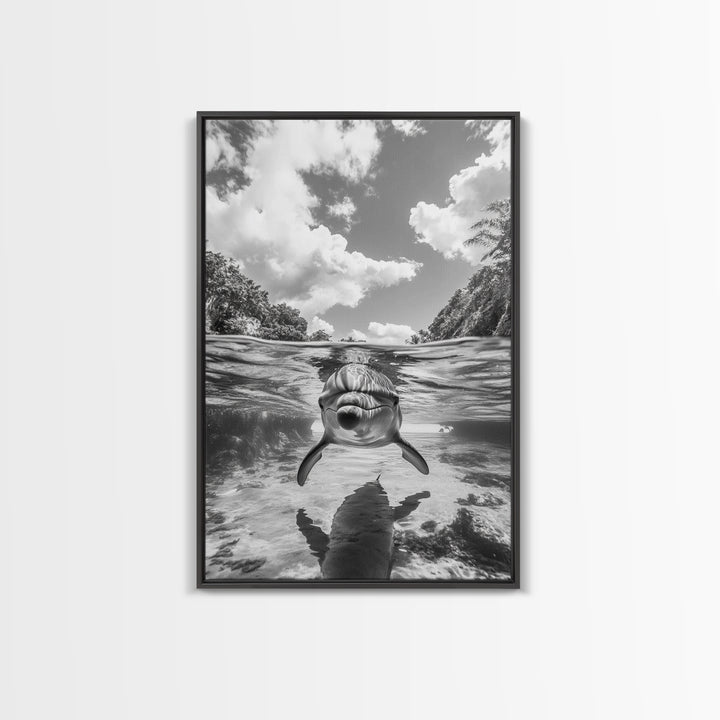 Dolphin Play, Ocean Joy, Underwater View, Canvas Print, Nautical Wall Art, Coastal Bathroom Decor, Playful Beach House Style