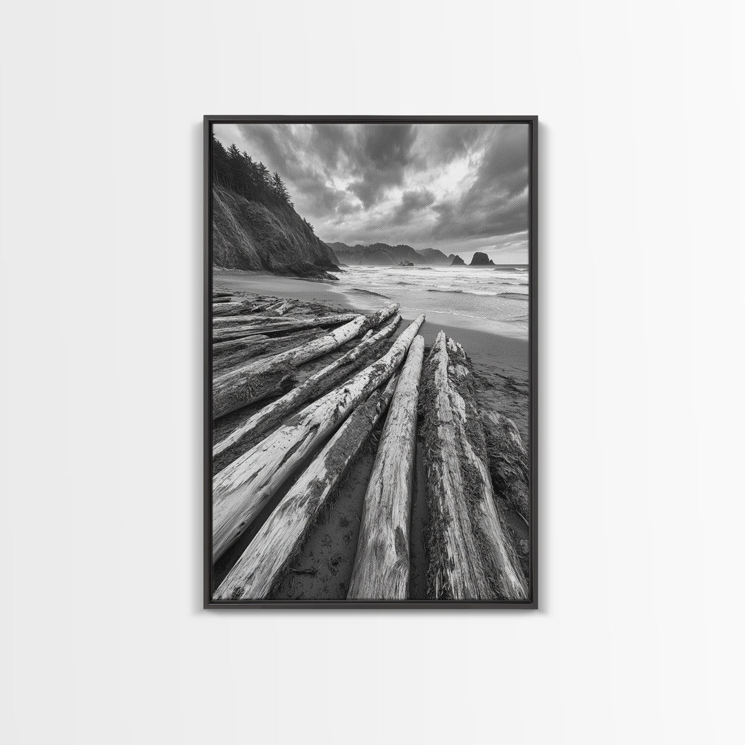 Driftwood Beach, Coastal Logs, Wild Shore, Canvas Print, Rustic Ocean Wall Art, Cabin Bathroom Decor, Nature Inspired Photography