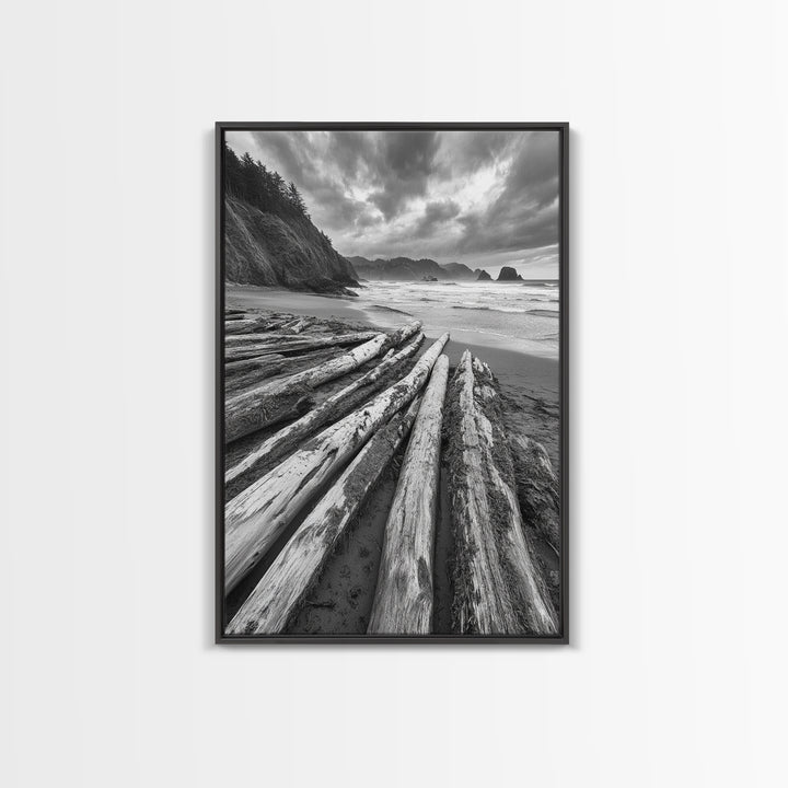 Driftwood Beach, Coastal Logs, Wild Shore, Canvas Print, Rustic Ocean Wall Art, Cabin Bathroom Decor, Nature Inspired Photography