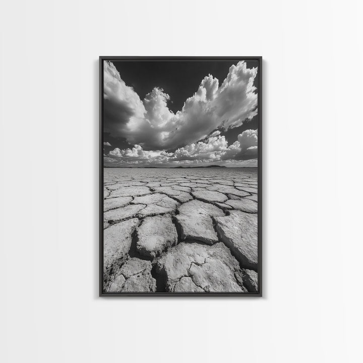 Cracked Earth, Storm Sky, Desert View, Framed Canvas Print, Dramatic Landscape Art, Modern Living Room Decor, Moody Minimalist Wall Art