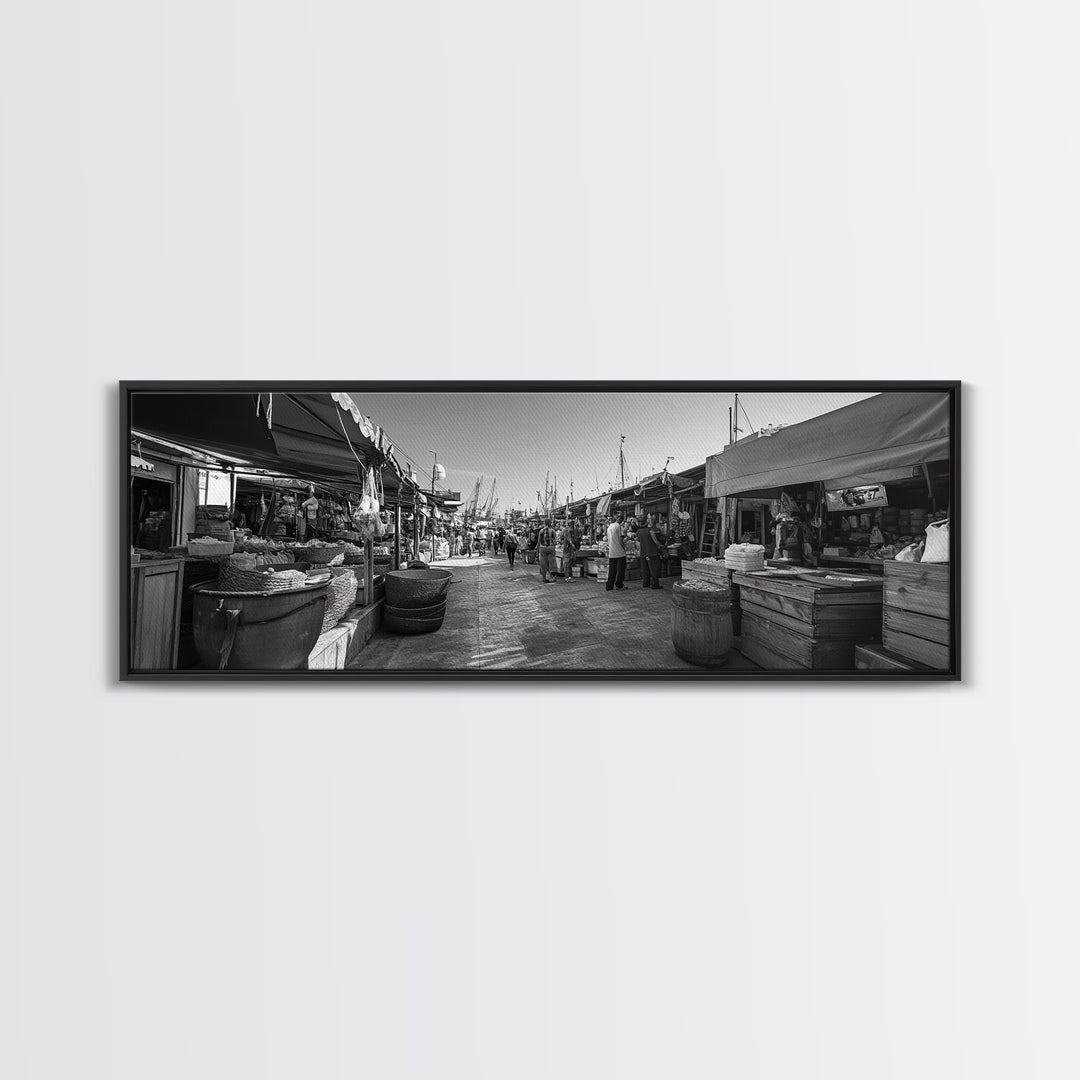 Mediterranean Market Scene, Travel Wall Decor, Rustic Street View, Framed Canvas Print, Kitchen Wall Art, Black and White Photography