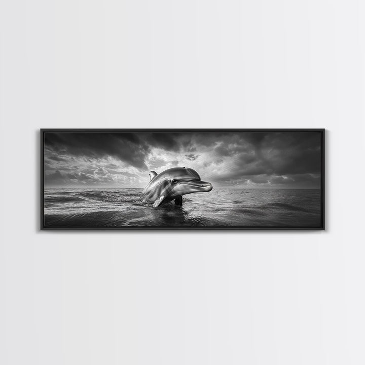 Dolphin Ocean Art, Playful Sea Animal Print, Modern Coastal Decor, Framed Canvas Print, Bathroom Wall Art, Nature Photography