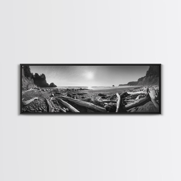 Coastal Driftwood Scene, Rugged Ocean Beach, Moody Nature Landscape, Framed Canvas Print, Rustic Wall Decor, Fall Coastal Photography