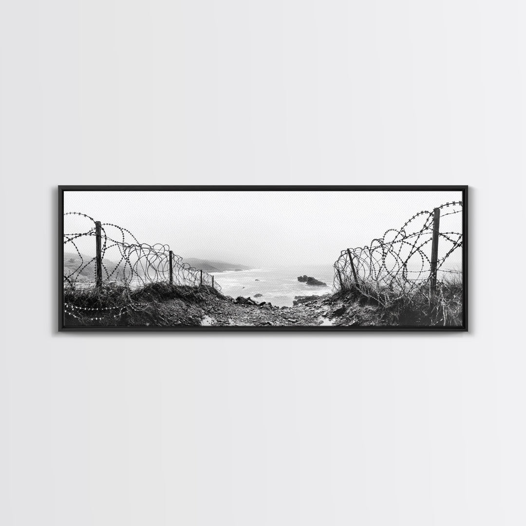 Barbed Coast, Foggy Beach, War Fence, Ocean Boundary, Framed Canvas Print, Industrial Wall Art, Living Room Decor, Black and White Art