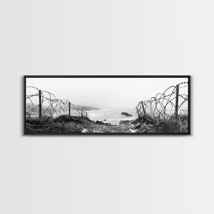 Barbed Coast, Foggy Beach, War Fence, Ocean Boundary, Framed Canvas Print, Industrial Wall Art, Living Room Decor, Black and White Art