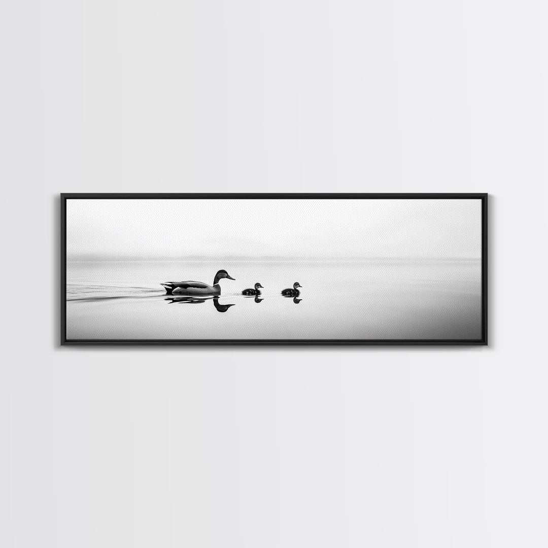 Duck Family, Serene Water, Peaceful Reflections, Canvas Print, Minimalist Animal Art, Nursery Wall Art, Calm Lake Photography