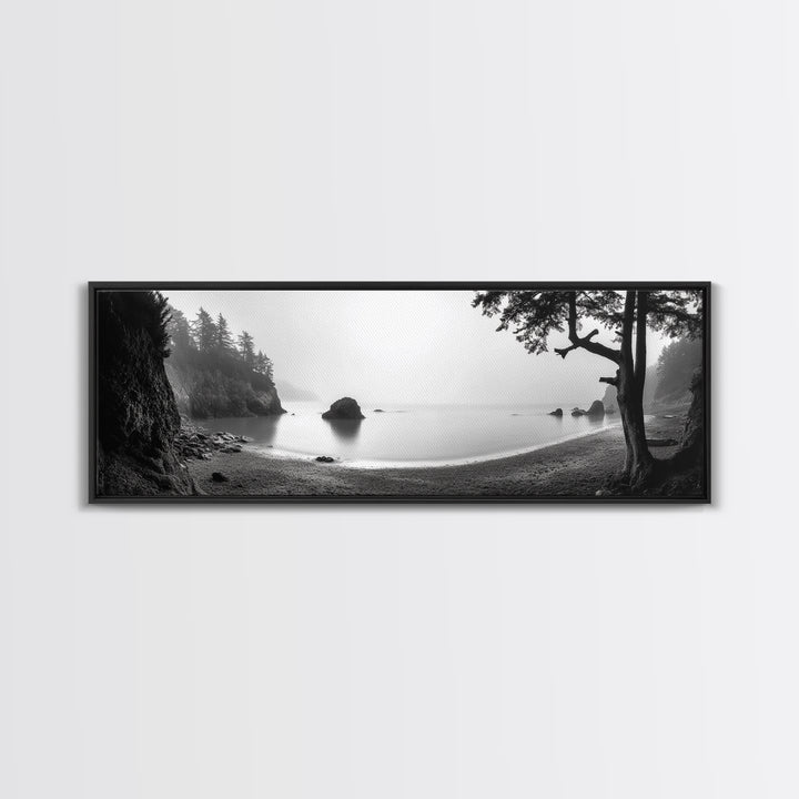 Misty Cove, Pacific Coast, Tranquil Shore, Canvas Print, Zen Nature Wall Art, Bathroom Decor, Moody Black and White Art