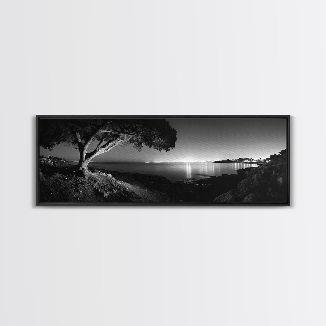 Coastal Night, Tree Silhouette, City Horizon, Framed Canvas Print, Moody Landscape Art, Modern Living Room Wall Decor