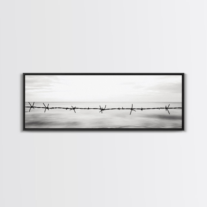 Barbed Wire, Ocean Horizon, Minimal Seascape, Stark Contrast, Framed Canvas Print, Modern Office Art, Minimalist Style, Black and White Art
