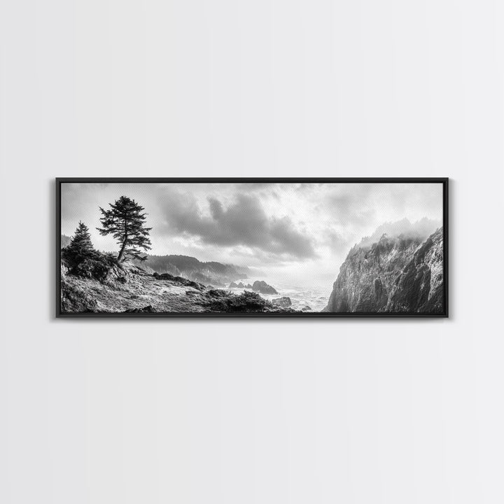 Ocean Cliff, Pine Trees, Foggy Coast, Canvas Print, Dramatic Nature Wall Art, Rustic Cabin Decor, Black and White Landscape
