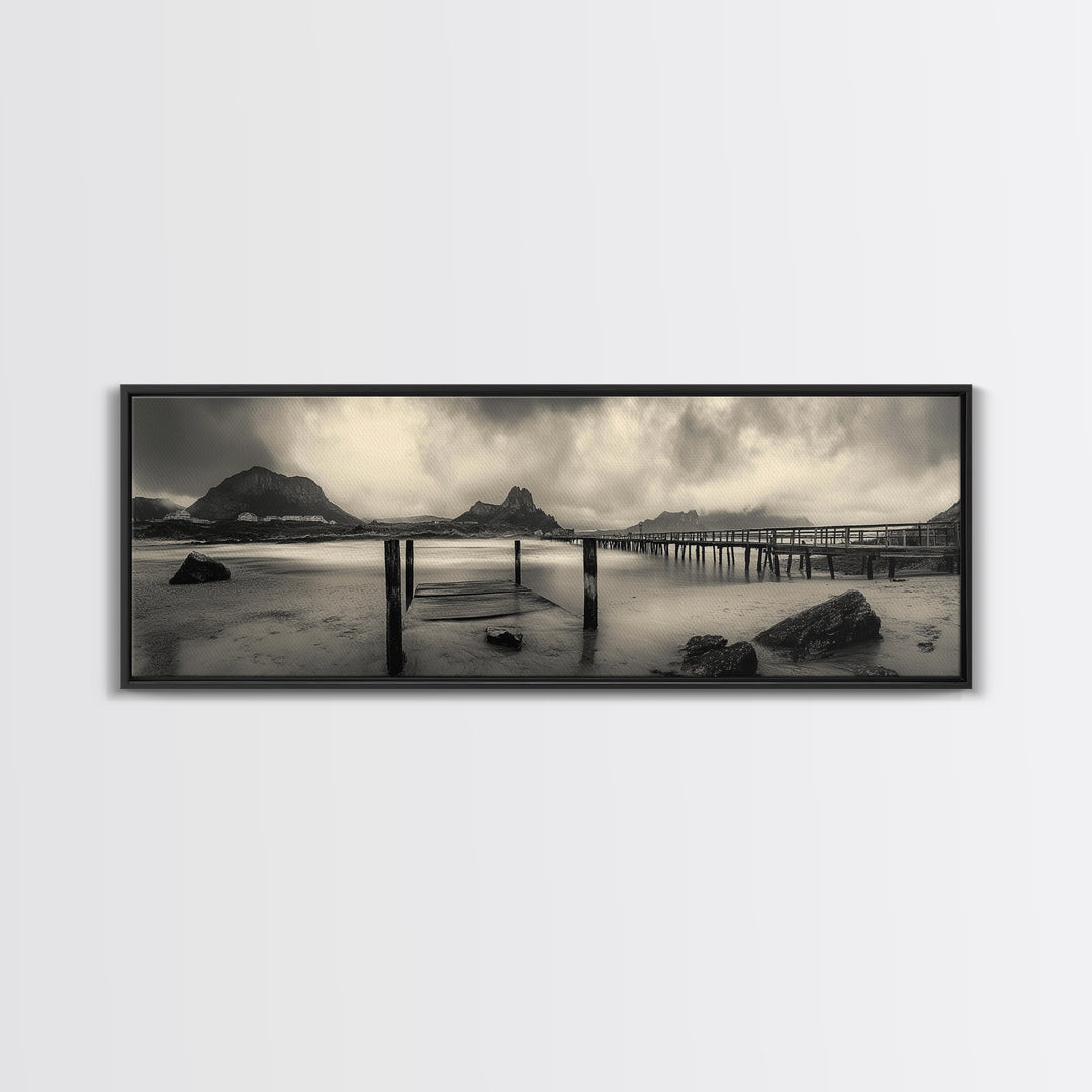 Dockside Calm, Stormy Shore, Ocean Jetty, Framed Canvas Print, Moody Coastal Wall Art, Living Room Art, Rustic Lakehouse Decor