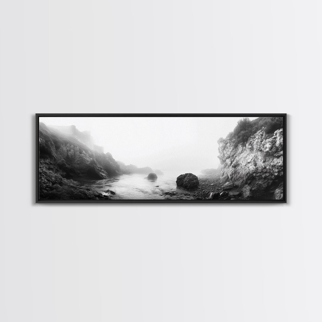 Rocky Cove, Coastal Mist, Foggy Morning, Cliffside Ocean, Canvas Print, Monochrome Wall Art, Bathroom Art, Minimalist Photography