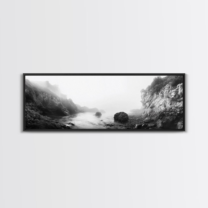 Rocky Cove, Coastal Mist, Foggy Morning, Cliffside Ocean, Canvas Print, Monochrome Wall Art, Bathroom Art, Minimalist Photography