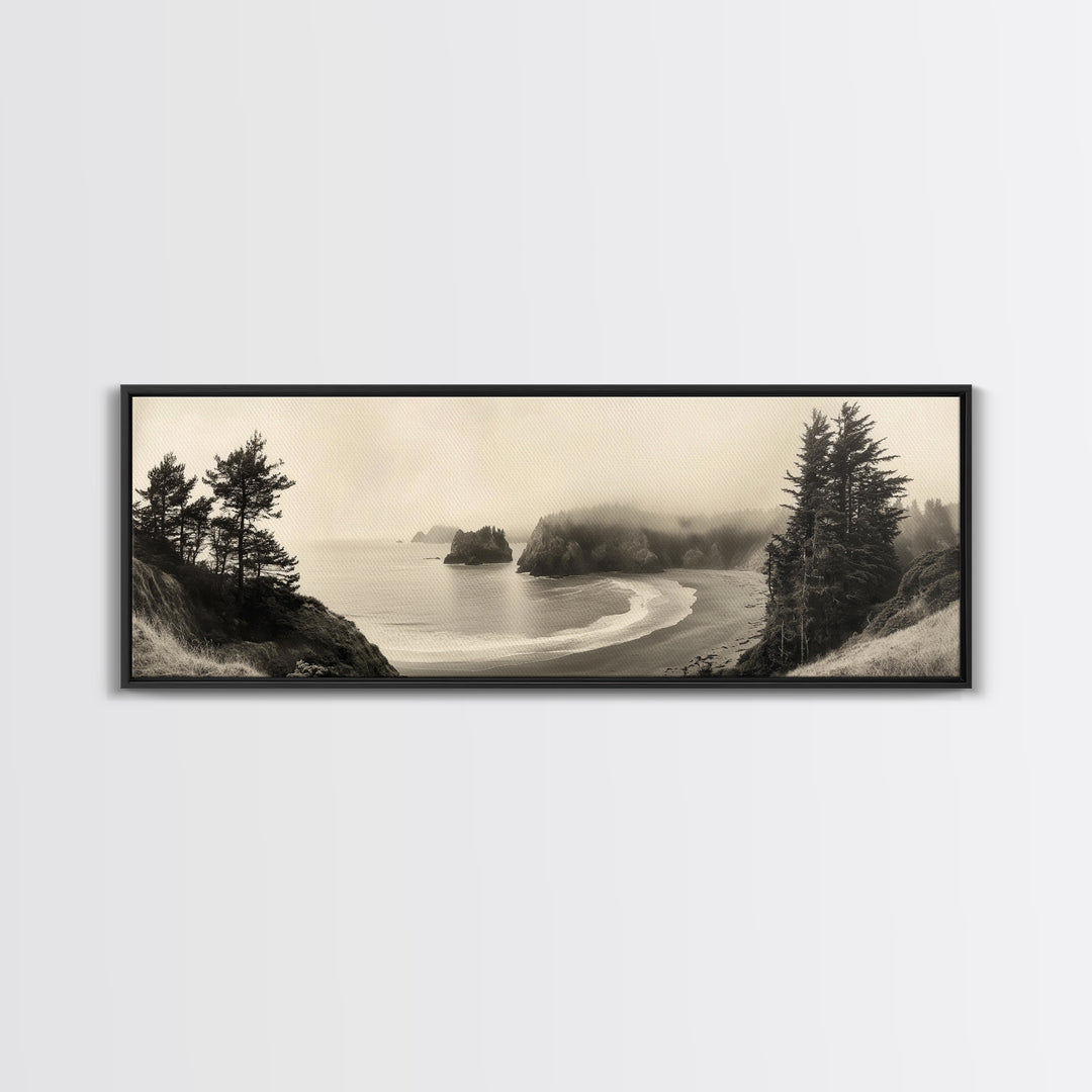 Misty Bay, Forested Coast, Moody Landscape, Serene Shoreline, Framed Canvas Print, Coastal Wall Art, Bedroom Decor, Earthy Tones