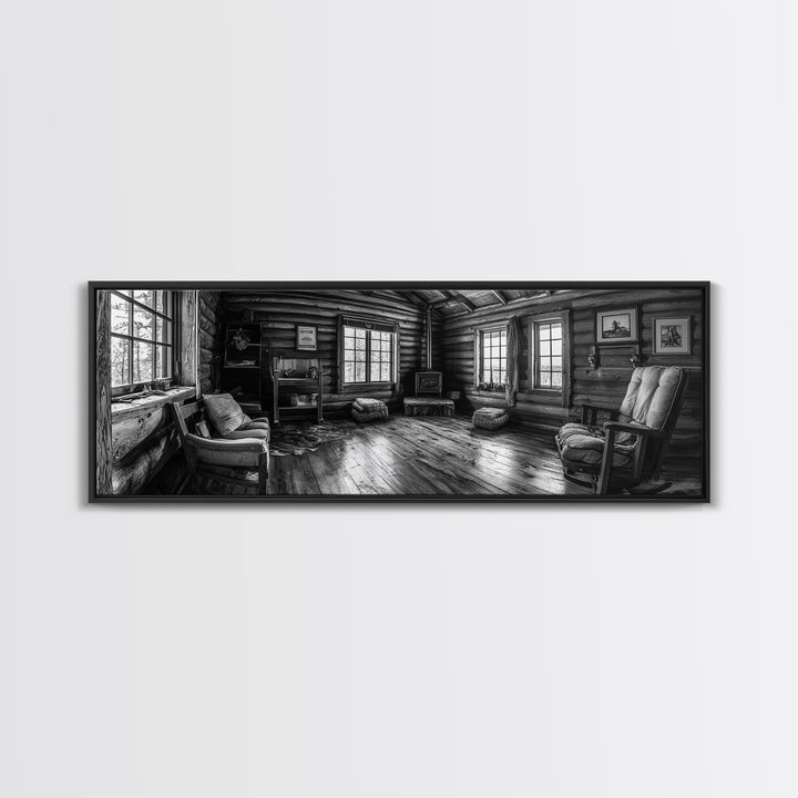 Rustic Cabin, Cozy Interior, Nature Retreat, Framed Canvas Print, Living Room Wall Art, Black and White Photography, Lodge Decor