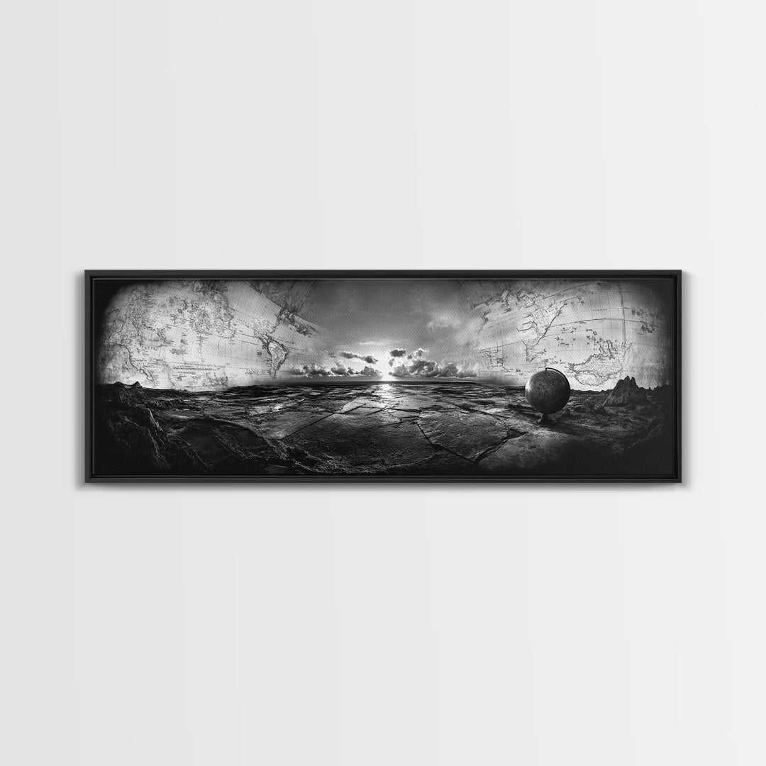 World Map, Globe Horizon, Explorer’s Dream, Canvas Print, Travel Wall Art, Surreal Photography, Study Room Adventure Decor