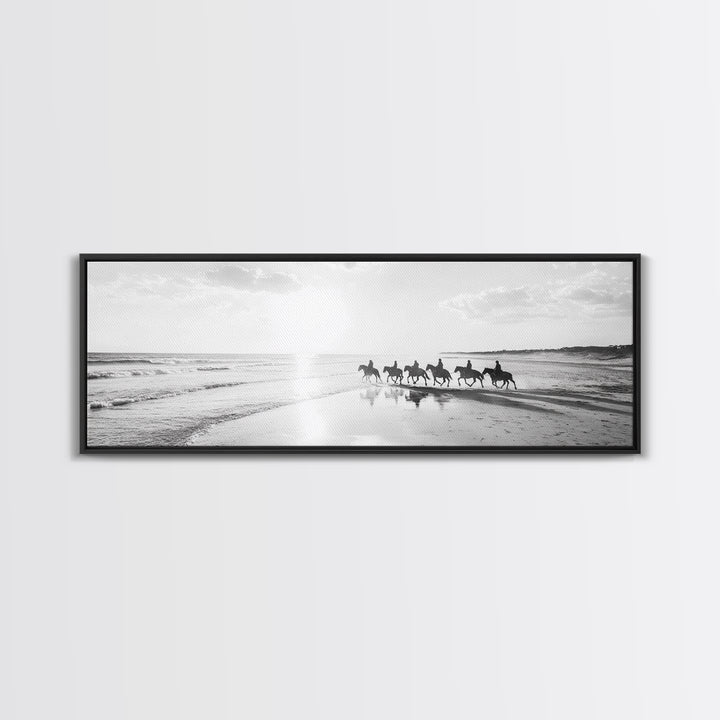 Beach Riders, Horseback Freedom, Seaside Journey, Canvas Print, Monochrome Wall Art, Coastal Living Room Decor, Nature Photography