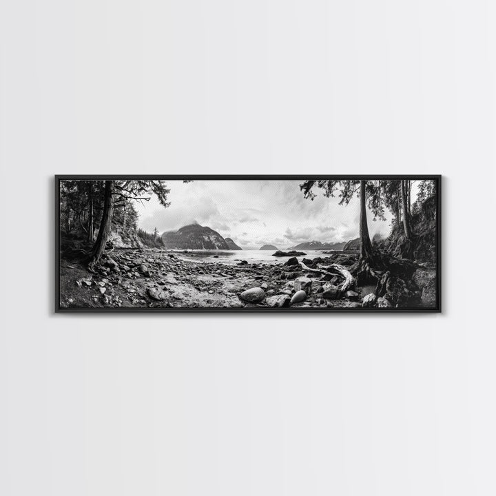 Rocky Shore, Ocean Vista, Misty Wilderness, Framed Canvas Print, Nature Wall Art, Monochrome Landscape, Cabin or Office Decor
