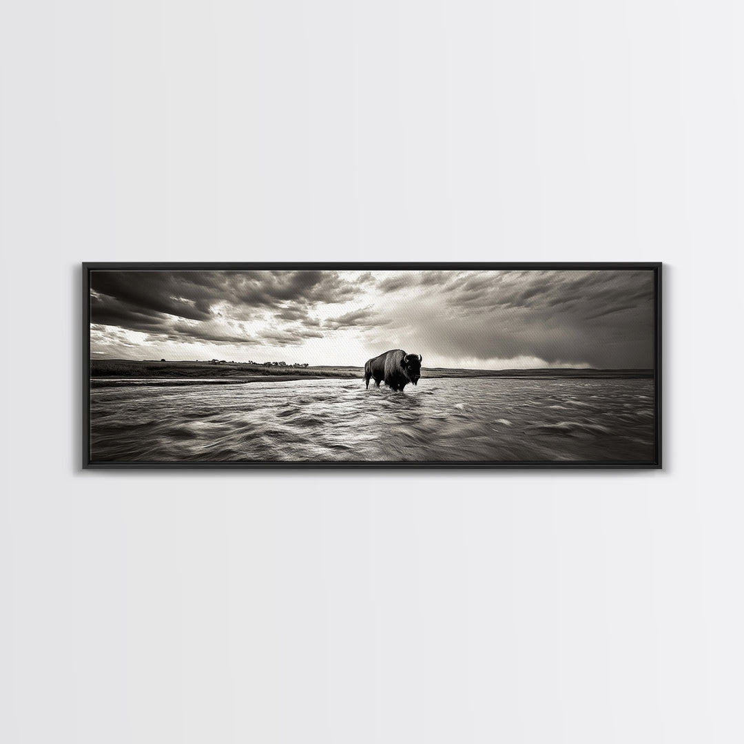 Bison River, Prairie Storm, American West, Framed Canvas Print, Rustic Nature Art, Fall Living Room Decor, Wildlife Photography