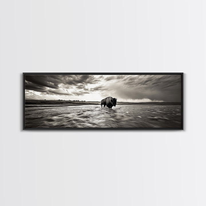 Bison River, Prairie Storm, American West, Framed Canvas Print, Rustic Nature Art, Fall Living Room Decor, Wildlife Photography