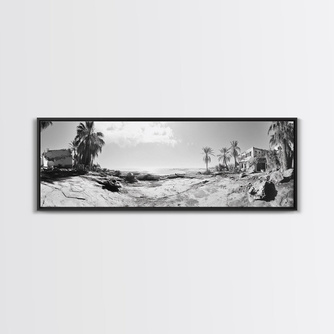 Desert Coast, Palm Ruins, Forgotten Beach, Framed Canvas Print, Surreal Photography, Boho Living Room Art, Coastal Wall Decor