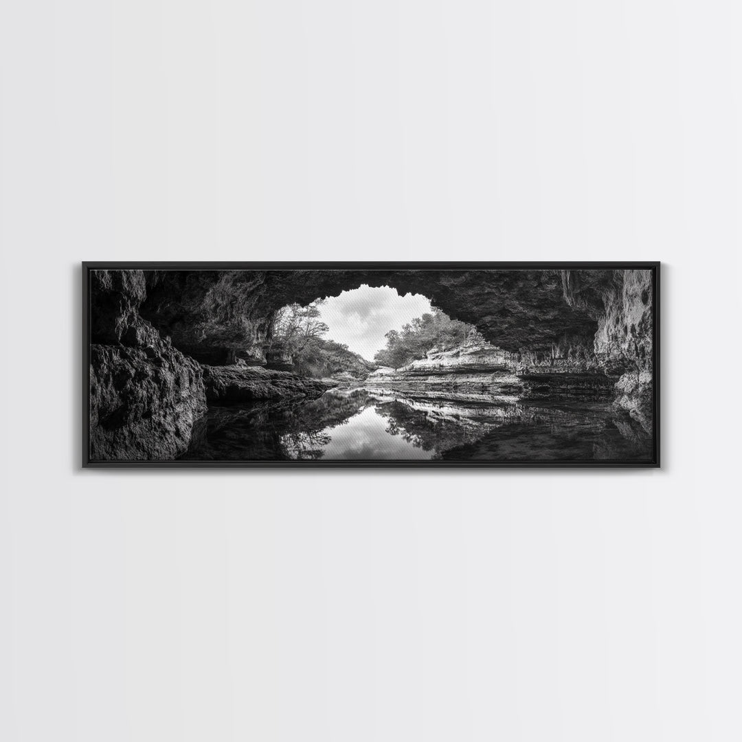 Cave Opening, Reflected Water, Nature Frame, Canvas Print, Monochrome Landscape, Natural Wall Art, Earthy Bathroom Art, Den Decor