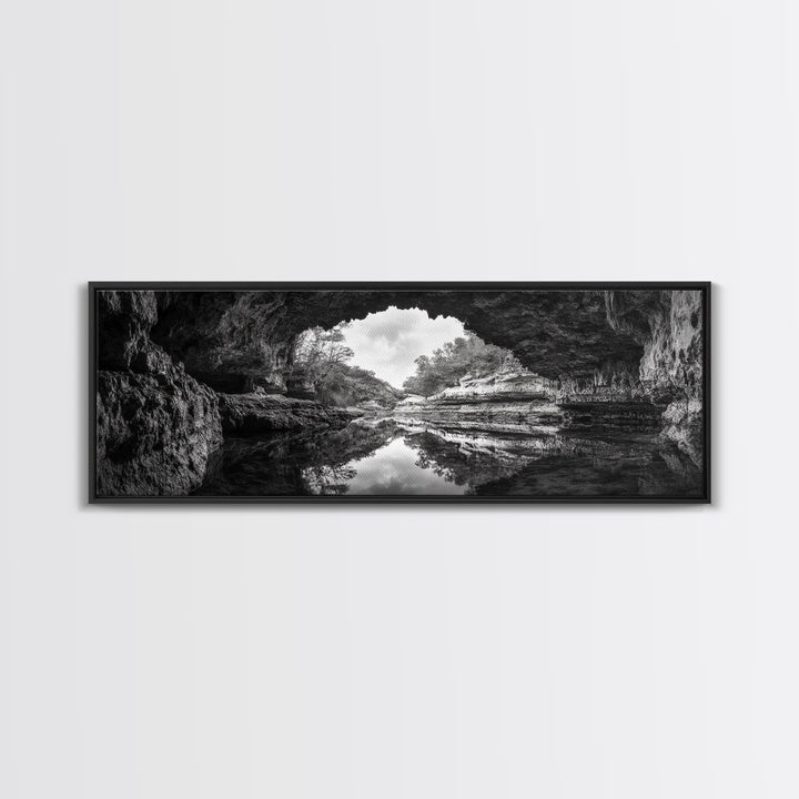 Cave Opening, Reflected Water, Nature Frame, Canvas Print, Monochrome Landscape, Natural Wall Art, Earthy Bathroom Art, Den Decor