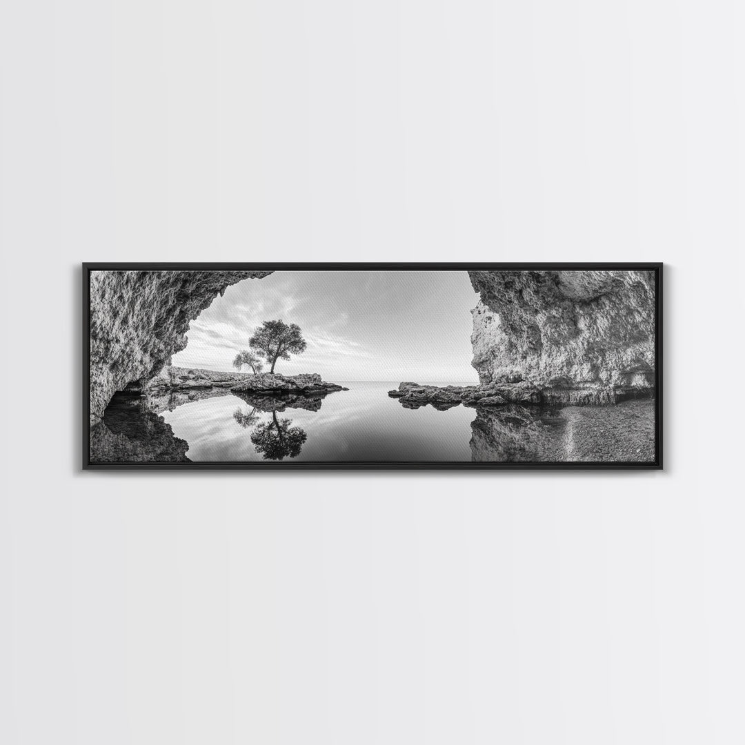 Coastal Cave, Reflection Landscape, Nature Calm, Framed Canvas Print, minimalist ocean wall decor, tranquil tree photography, zen entryway art