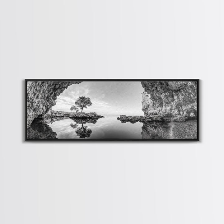 Coastal Cave, Reflection Landscape, Nature Calm, Framed Canvas Print, minimalist ocean wall decor, tranquil tree photography, zen entryway art