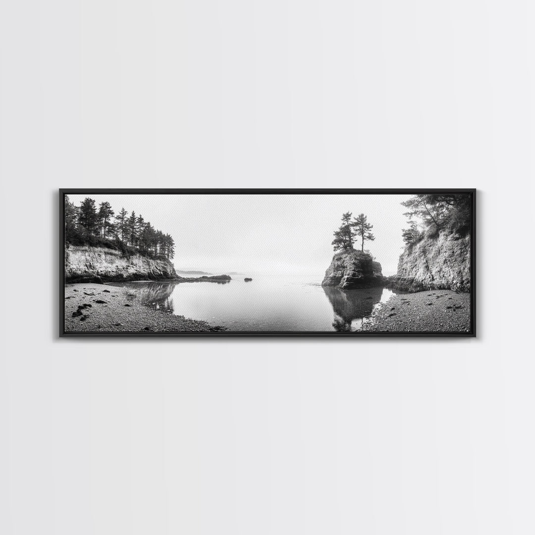Forest Cove, Serene Shoreline, Calm Reflections, Canvas Print, peaceful nature wall art, neutral tones decor, minimalist bathroom artwork